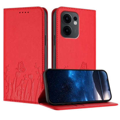Magnetic vegan leather phone case with tulip and butterfly pattern, red fold cover