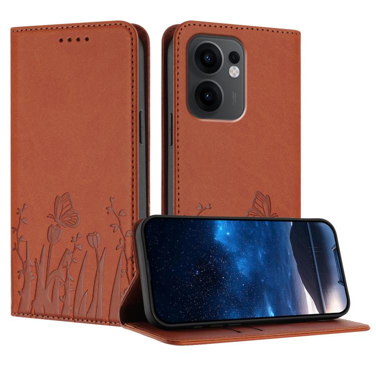 Orange-brown vegan leather phone case with tulip and butterfly embossing, magnetic folio stand