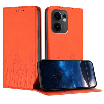 Orange vegan leather phone case with tulip and butterfly embossing, magnetic folio stand