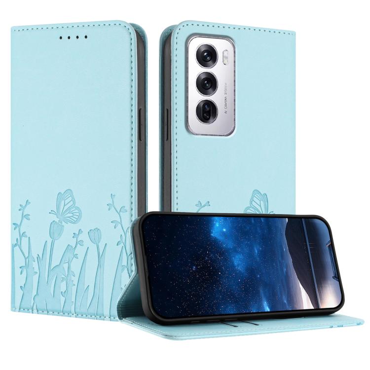 Light blue magnetic vegan leather folio phone case with tulip and butterfly pattern