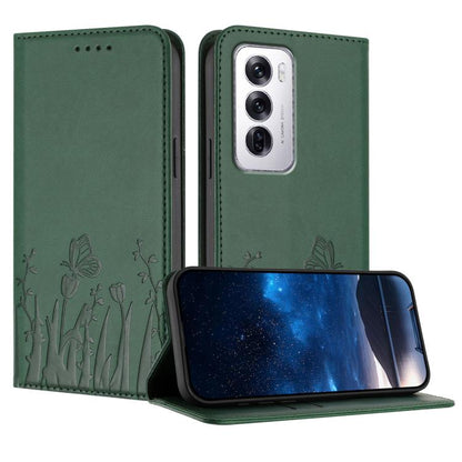 Dark green butterfly & tulip magnetic vegan leather phone case, flip cover, camera cutout