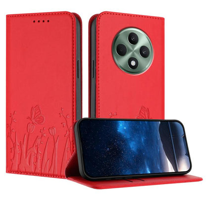 Magnetic vegan leather phone case, red tulip and butterfly pattern with flap