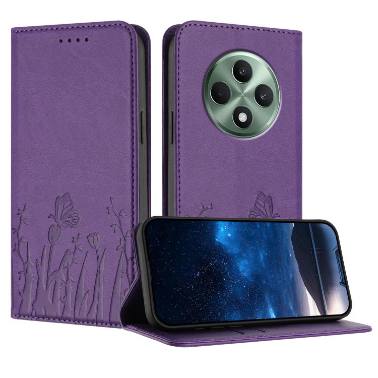Magnetic vegan leather phone case with tulip and butterfly pattern, light purple folio cover