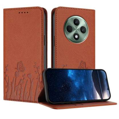 Magnetic vegan leather phone case with tulip and butterfly pattern, warm orange folio cover