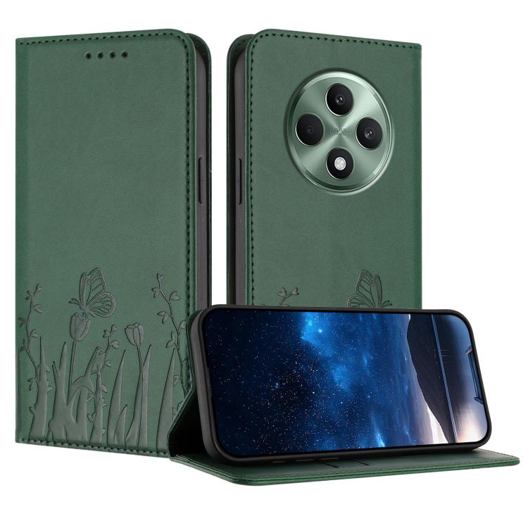 Magnetic vegan leather phone case with tulip and butterfly pattern, dark green folio cover