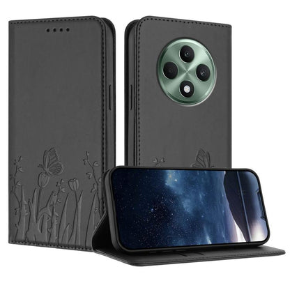 Magnetic vegan leather phone case with tulip and butterfly pattern, dark gray folio cover