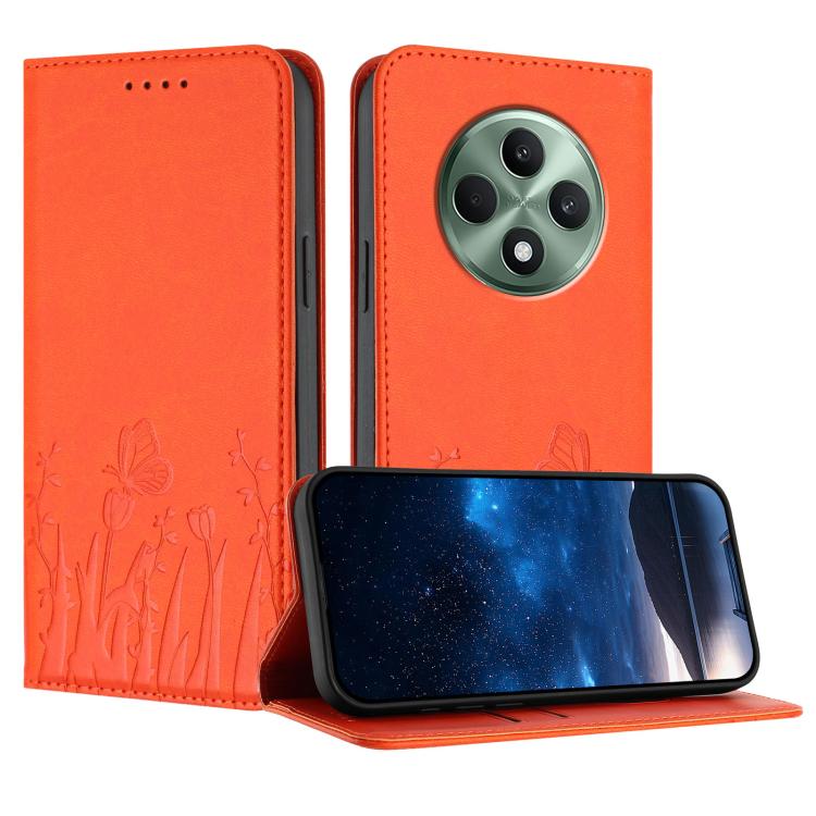 Magnetic vegan leather phone case with tulip and butterfly pattern, orange folio cover
