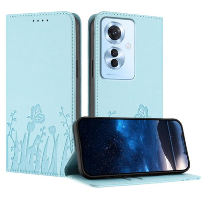 Light blue magnetic folio phone case with tulip and butterfly pattern, wallet-style flap