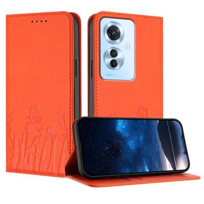 Magnetic vegan leather phone case, orange with tulip and butterfly embossed pattern