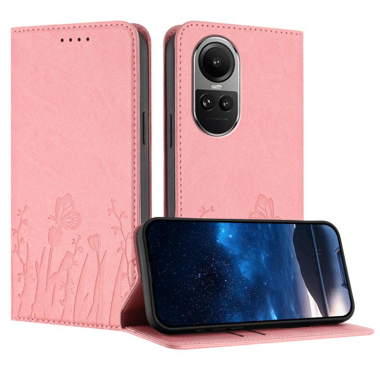 Magnetic vegan leather phone case in pink with butterfly and tulip pattern, folio stand