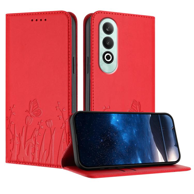 Magnetic vegan leather phone case with tulip and butterfly pattern, red folio cover