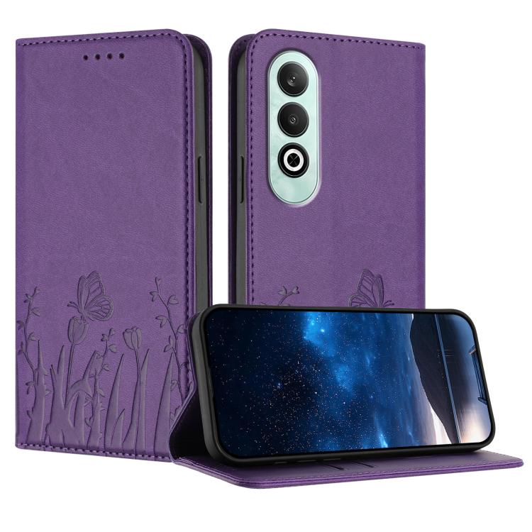 Purple magnetic vegan leather folio phone case with tulip and butterfly pattern
