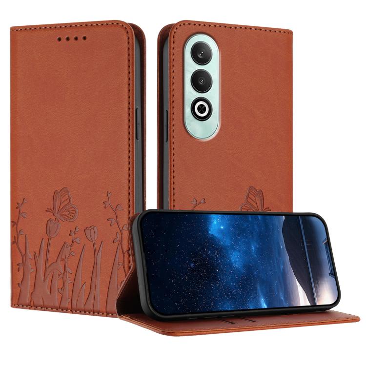 Orange magnetic vegan leather folio phone case with tulip and butterfly pattern