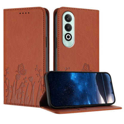 Orange magnetic vegan leather folio phone case with tulip and butterfly pattern