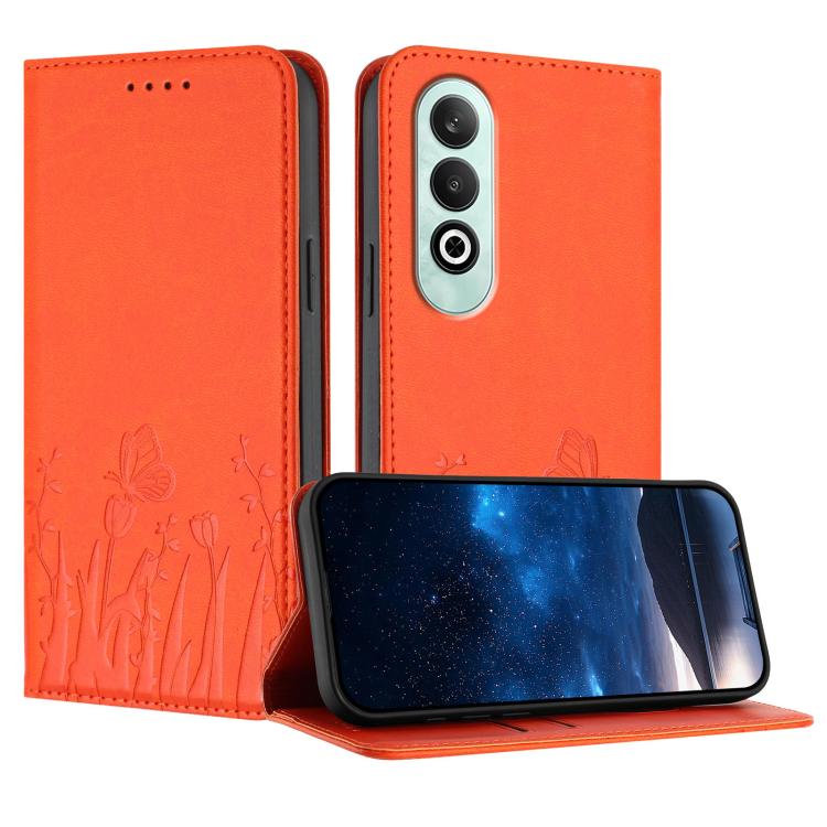 Bright orange magnetic vegan leather folio phone case with tulip and butterfly pattern