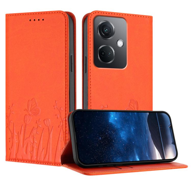Bright orange magnetic vegan leather phone case with butterfly-tulip pattern and flip cover
