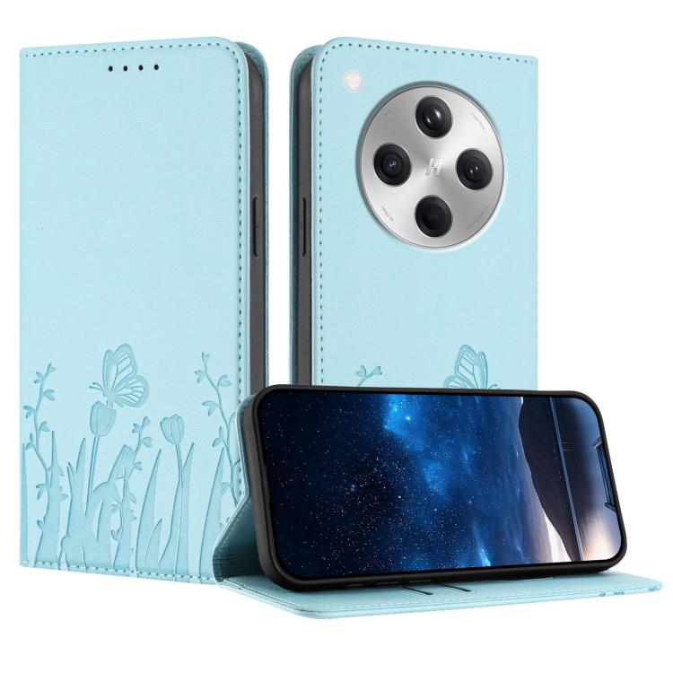 Light blue vegan leather phone case with tulip and butterfly embossing, magnetic folio stand