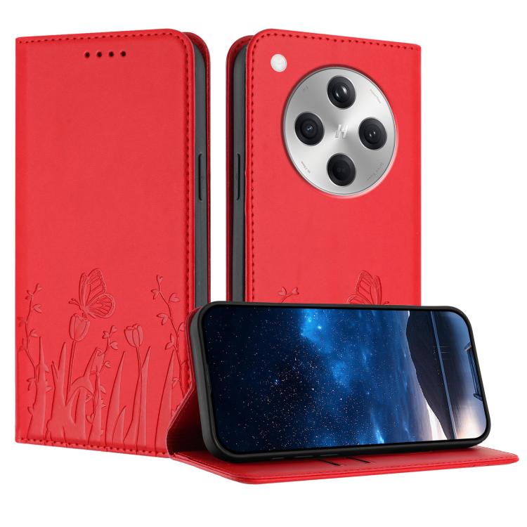 Red vegan leather phone case with tulip and butterfly embossing, magnetic folio stand