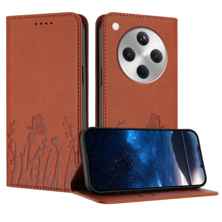 Orange magnetic vegan leather phone case with tulip and butterfly pattern, front flap.