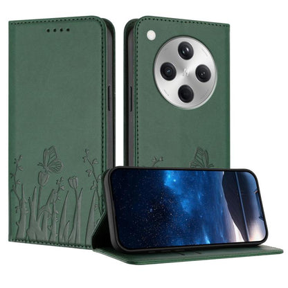 Dark green magnetic vegan leather phone case with tulip and butterfly pattern, flip cover.