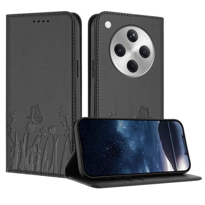 Black magnetic vegan leather phone case with tulip and butterfly pattern, front flap stand.