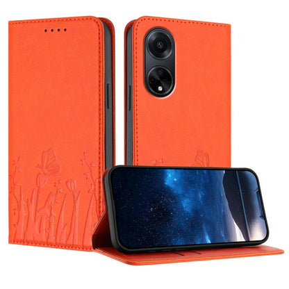 Orange vegan leather phone case with tulip and butterfly cutout, magnetic fold cover