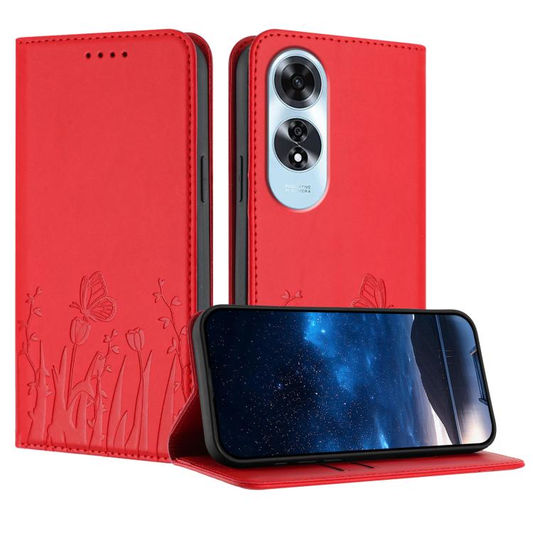Red butterfly & tulip magnetic vegan leather phone case, flip cover, camera cutout