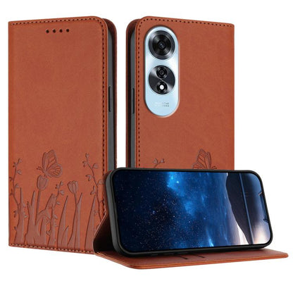 Brown magnetic vegan leather phone case with tulip and butterfly pattern, flip cover