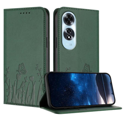 Dark green magnetic vegan leather phone case with tulip and butterfly pattern, flip cover