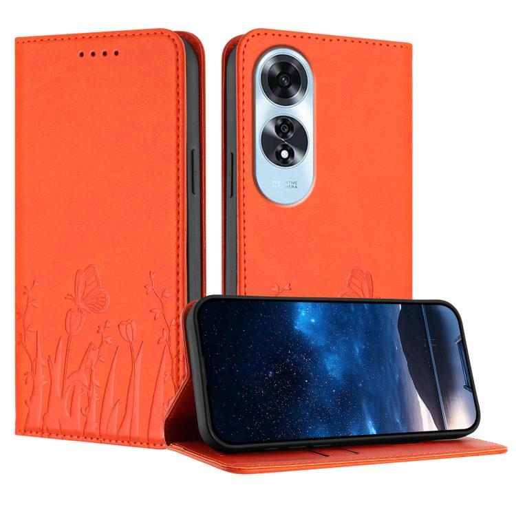 Orange magnetic vegan leather phone case with tulip and butterfly pattern, flip cover