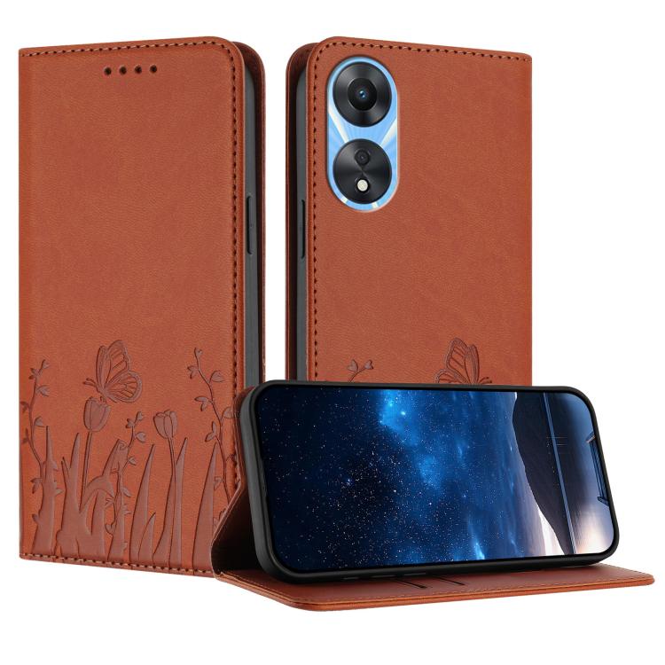 Magnetic vegan leather phone case in orange-brown with tulip and butterfly pattern.