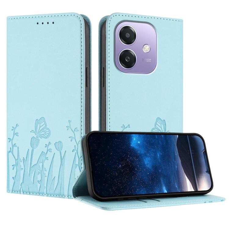 Light blue magnetic vegan leather phone case with tulip and butterfly pattern, flip cover.