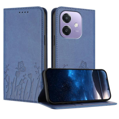 Dark blue magnetic vegan leather phone case with tulip and butterfly pattern, flip cover.
