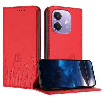 Red magnetic vegan leather phone case with tulip and butterfly pattern, front flip stand.