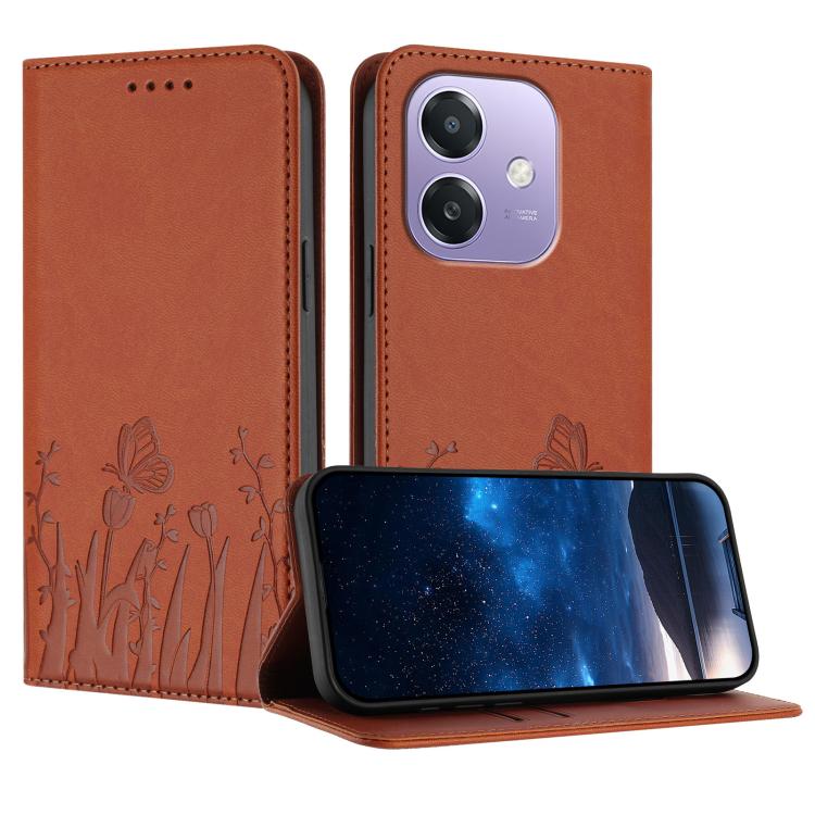 Magnetic vegan leather phone case, orange tulip and butterfly pattern with flap