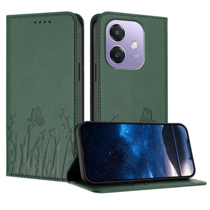 Magnetic vegan leather phone case, dark green tulip and butterfly pattern with flap