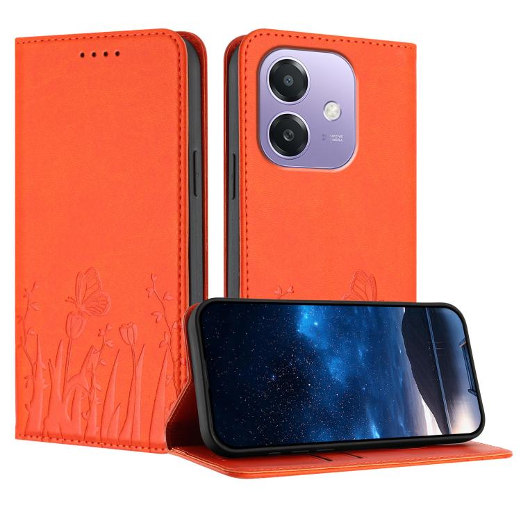 Magnetic vegan leather phone case, orange tulip and butterfly pattern with flap