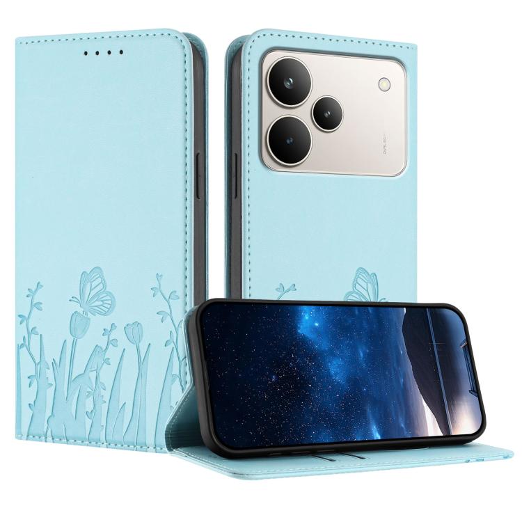 Magnetic vegan leather phone case in light blue with tulip and butterfly pattern, flip cover.