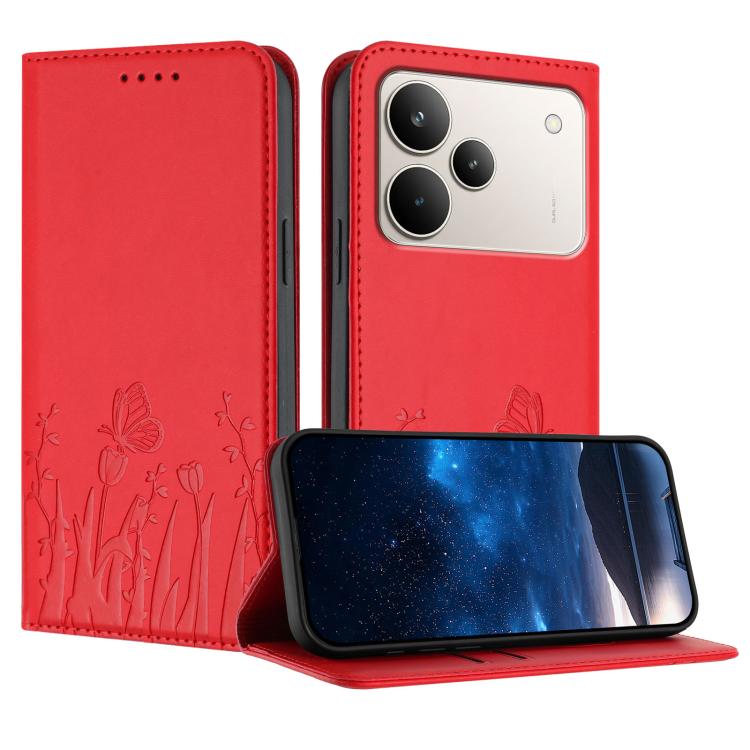 Magnetic vegan leather phone case in red with tulip and butterfly pattern, flip cover.