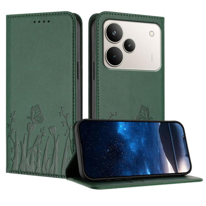Green vegan leather phone case with butterfly and tulip embossing, flip cover and camera cutouts