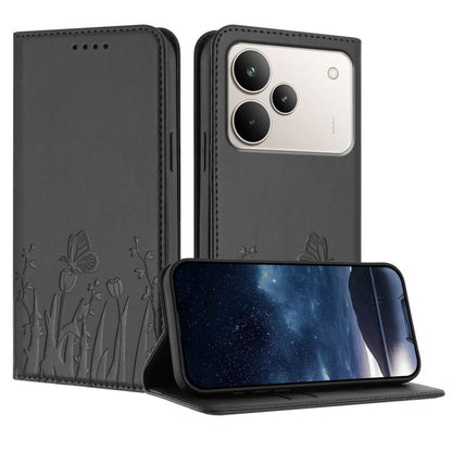Black vegan leather phone case with butterfly and tulip embossing, flip cover and camera cutouts