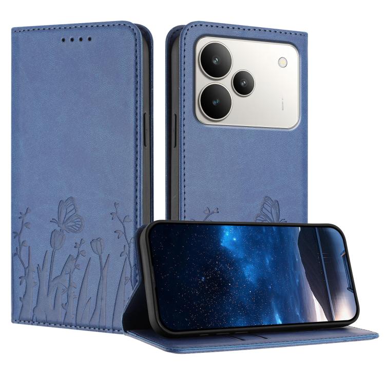 Blue vegan leather phone case with butterfly and tulip embossing, flip cover and camera cutouts