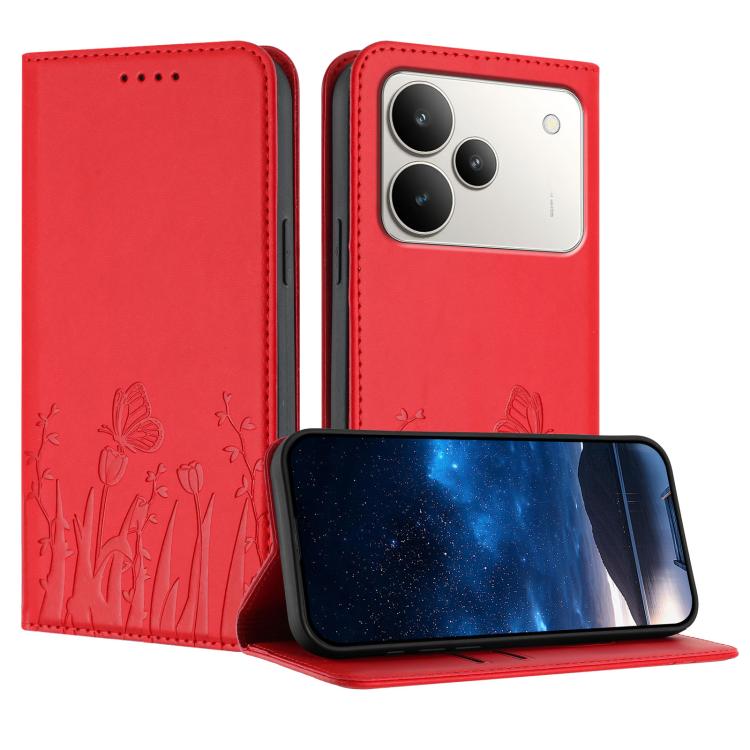 Red vegan leather phone case with butterfly and tulip embossing, flip cover and camera cutouts