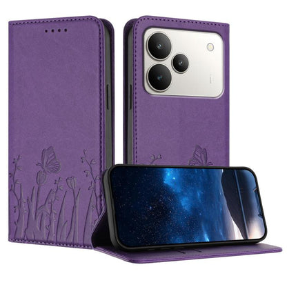 Magnetic vegan leather phone case with purple floral and butterfly embossing, stand flap