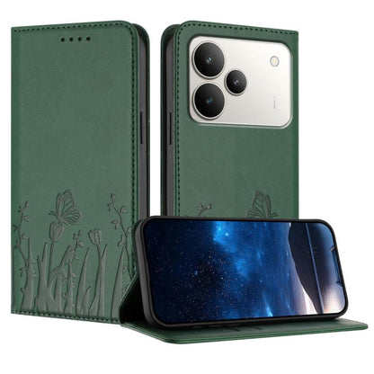 Magnetic vegan leather phone case with dark green floral and butterfly embossing, stand flap
