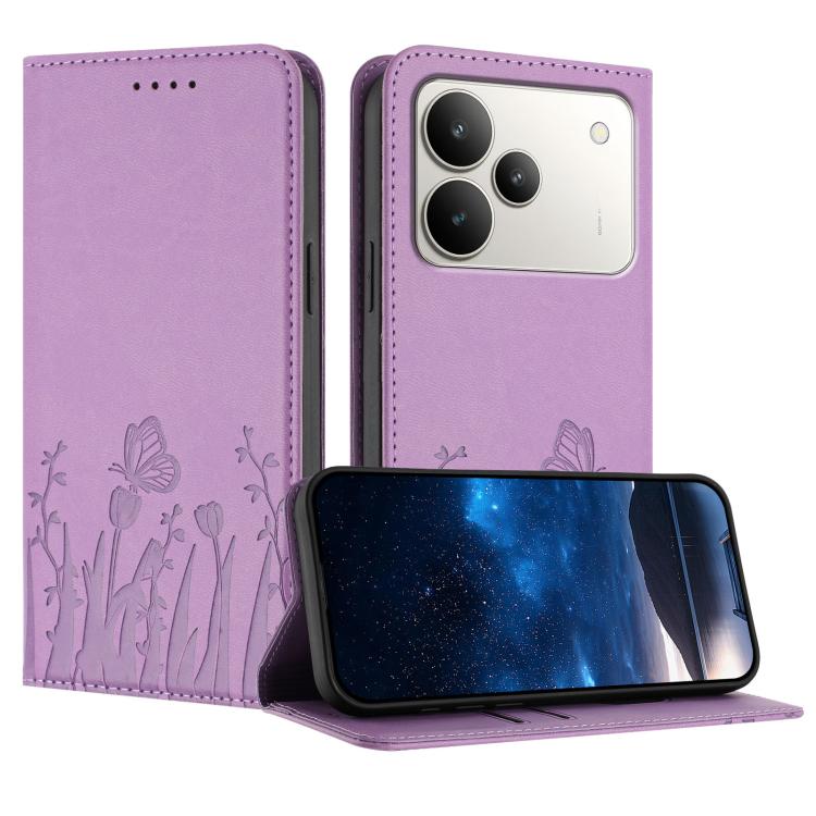 Magnetic vegan leather phone case with light purple floral and butterfly embossing, stand flap