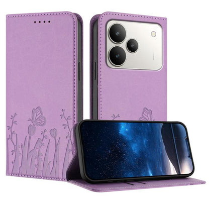Magnetic vegan leather phone case with light purple floral and butterfly embossing, stand flap