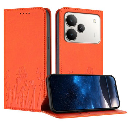 Magnetic vegan leather phone case with orange floral and butterfly embossing, stand flap