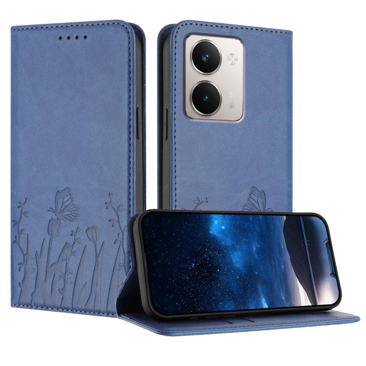Blue vegan leather folio phone case with tulip-and-butterfly pattern, magnetic