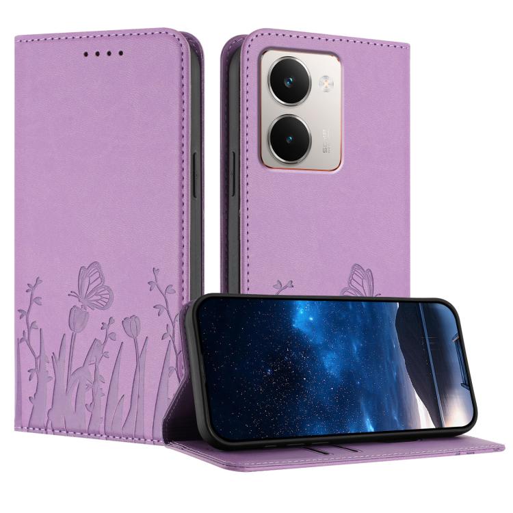 Magnetic vegan leather phone case, light purple tulip & butterfly pattern, magnetic fold cover